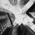dramatic black and white urban skyscrapers view