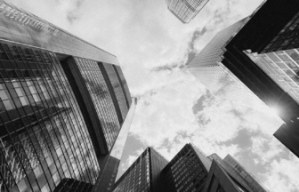 dramatic black and white urban skyscrapers view