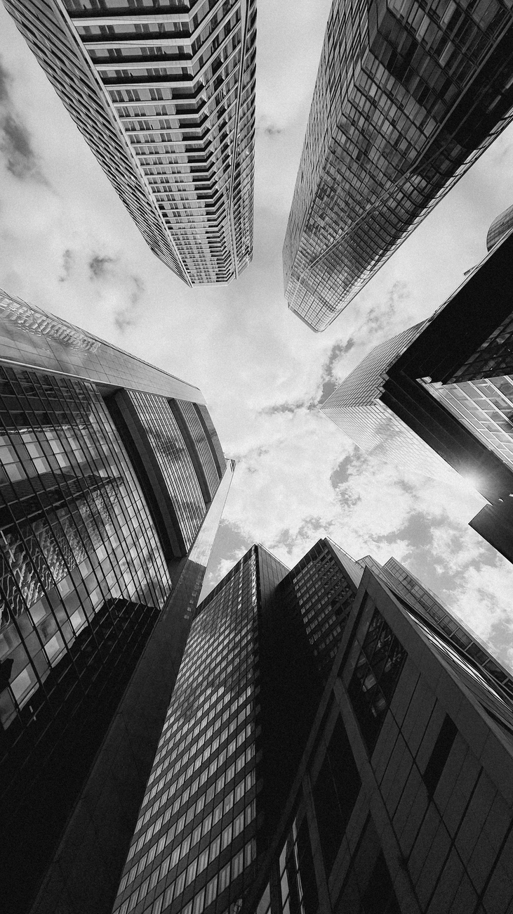 dramatic black and white urban skyscrapers view