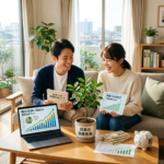 Couple reviewing investment charts with laptop and tablet in living room