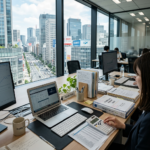 Person using calculator and laptop at office desk with financial reports and city buildings outside large windows