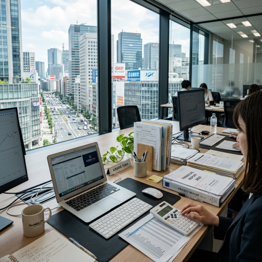 Person using calculator and laptop at office desk with financial reports and city buildings outside large windows