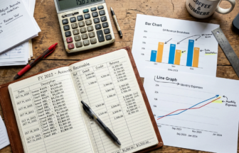 Workbook with FY 2023 accounts receivable data, bar and line charts on expenses and revenue, calculator, coffee mug, and pens on a wooden desk
