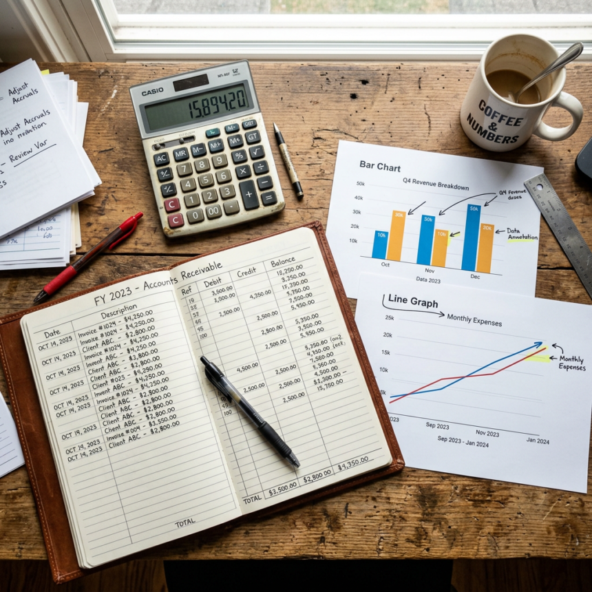 Workbook with FY 2023 accounts receivable data, bar and line charts on expenses and revenue, calculator, coffee mug, and pens on a wooden desk