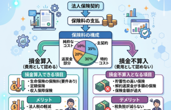 Diagram showing corporate insurance premium payment flow, premium composition pie chart, tax deductible and non-deductible insurance types, with benefits and drawbacks.