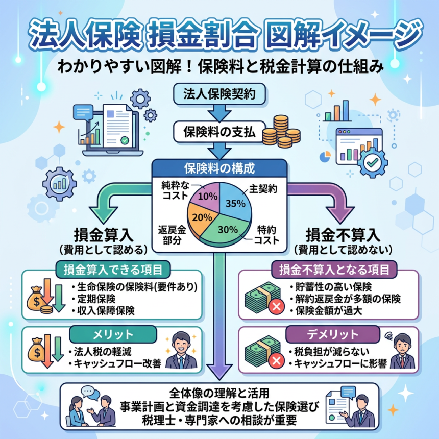 Diagram showing corporate insurance premium payment flow, premium composition pie chart, tax deductible and non-deductible insurance types, with benefits and drawbacks.