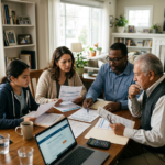 Four people seated at a table reviewing financial documents and using a laptop