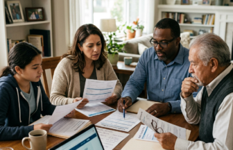 Four people seated at a table reviewing financial documents and using a laptop