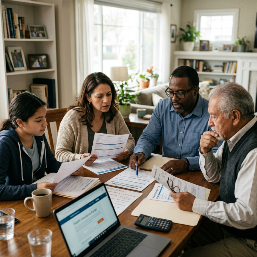 Four people seated at a table reviewing financial documents and using a laptop